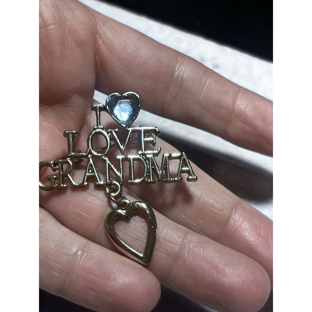 Gold Tone I Love Grandma Brooch Dangle Heart Pin • Vintage Jewelry W/ Blue Heart